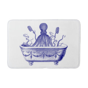 Bath Mat with vintage navy blue octopus