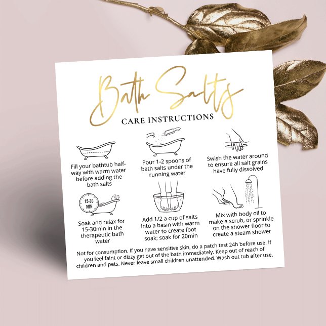 Bath Salts Safety User Guide White & Gold Square Business Card (Trendy and chic Bath Salts care instructions cards with icons and gold foil effects)