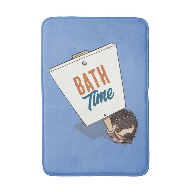 Bath Time Funny Hedgehog Picket Sign Cartoon Bath Mat (Front Vertical)