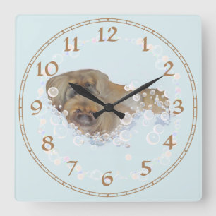 Bath Time Pekingese Duo Square Wall Clock