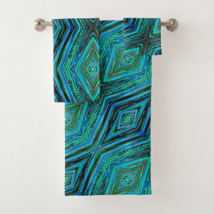 Bath Towel Set Blue & Green Feathers