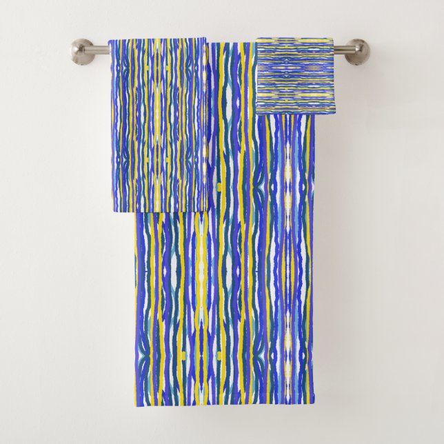 Bath Towel Set Blue, Lavender, Yellow Stripes (Insitu)