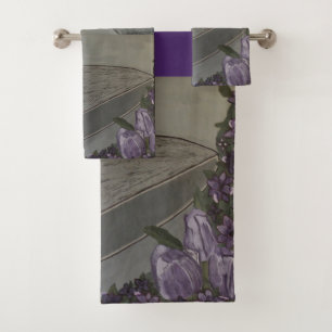 Bath Towel Set Lady in Large Hat w/Purple Flowers