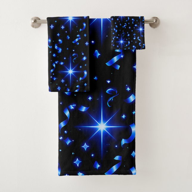 Bath towel set midnight, blue sparkle stars and ri (Insitu)