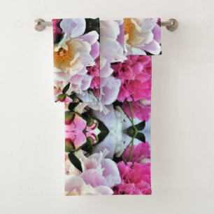 Bath Towel Set - pink and white peonies