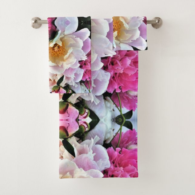Bath Towel Set - pink and white peonies (Insitu)