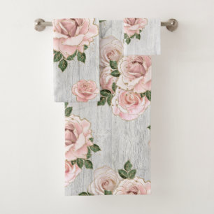 Bath Towel Set Rustic Blush Roses and Glitter