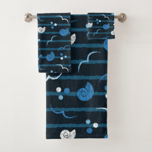 Bath towel set seagulls, shells, dots sea design