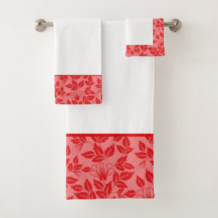 Bath Towel Set-Vintage Floral Hot Red
