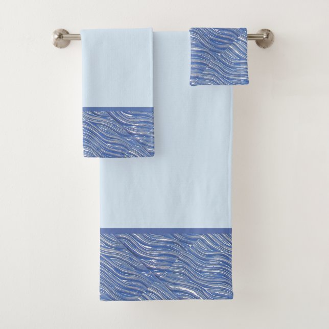 Bath Towel set with  Blue water pattern trim (Insitu)