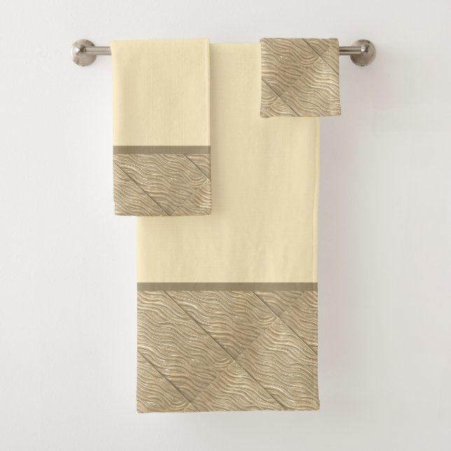 Bath Towel set with gold water pattern trim (Insitu)