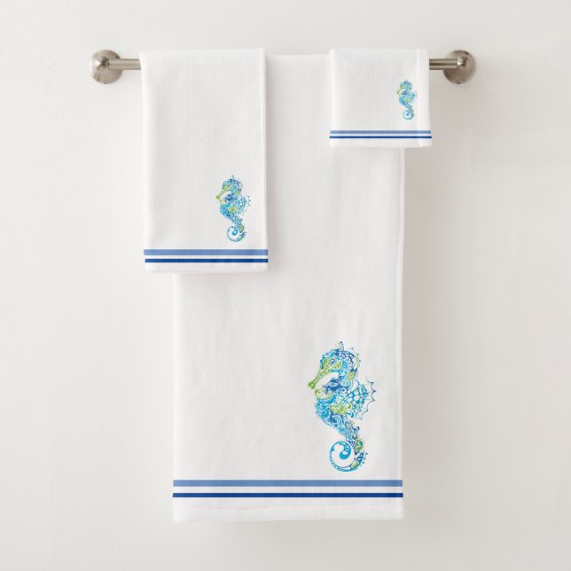 Bath Towel Sets Seaside White Colour with Seahorse (Insitu)