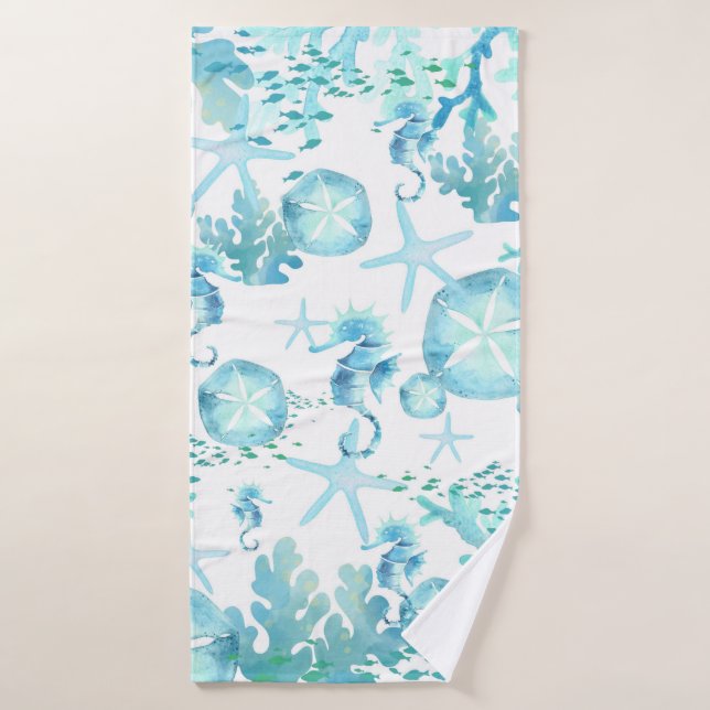 Bath Towel Teal Blue Seahorse Sanddollar Seashell  (Bath Towel)