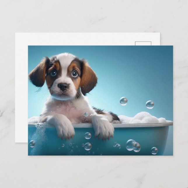 Bath Tub & Bubbles Puppy Postcard (Front/Back)