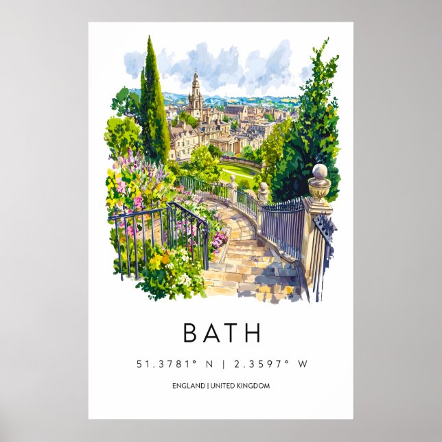 Bath Watercolor Poster Bath Travel Print Bath Wall (Front)