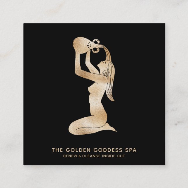 *~* Bathing Golden Goddess with Water Urn Spa Square Business Card (Front)