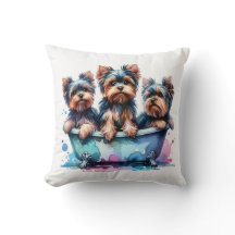 Bathing Yorkies Throw Pillow
