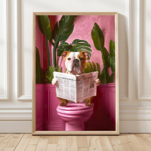Bathroom American Bulldog Reading on Toilet Print, Poster