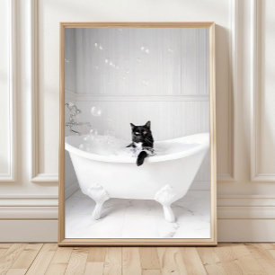 Bathroom Black Cat in Bathtub Print, Bathtub Wall Poster