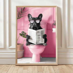 Bathroom Blue French Bulldog on Toilet Print, Funn Poster