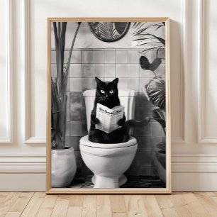 Bathroom Cat Print reading on Toilet Black and Whi