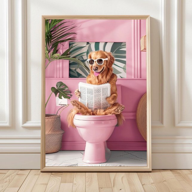 Bathroom Golden Retriever Reading on Toilet Print, Poster (Creator Uploaded)
