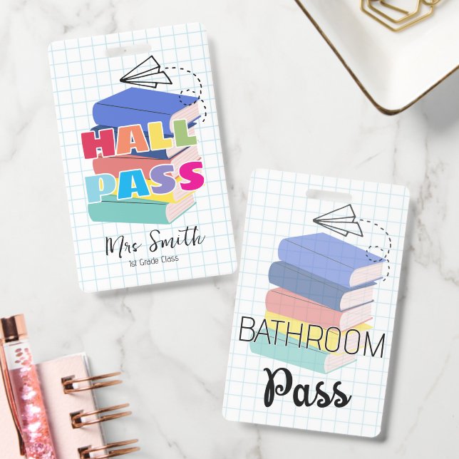 Bathroom Hall Pass Books Doodle Lanyard ID Badge (Office)