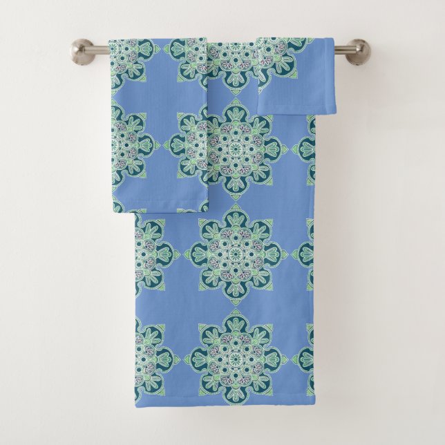 Bathroom Towel Set Green medallions on blue (Insitu)
