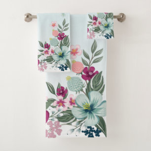 Bathroom Towel Set Tropical Flowers on Blue Ombre