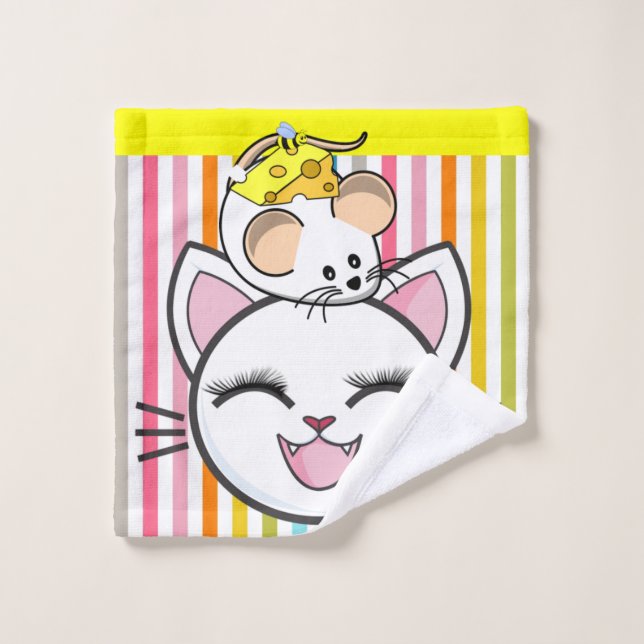 Bathroom Towel Sets Cat Mouse Cheese Stripe (Wash Cloth)