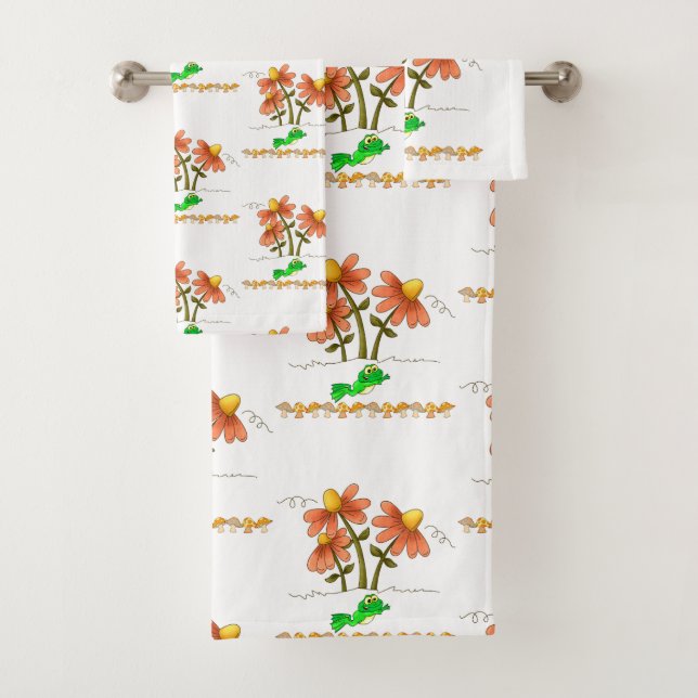 Bathroom Towel Sets Frog Mushroom Floral (Insitu)