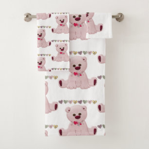Bathroom Towel Sets Pink Teddy Bear Hearts Love