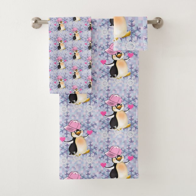 Bathroom Towel Sets Valentine's Day Penguin Hearts (Insitu)