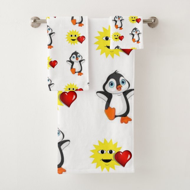 Bathroom Towel Sets Valentine's Day Penguin Hearts (Insitu)