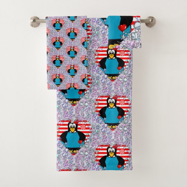 Bathroom Towel Sets Valentine's Day Penguin Hearts (Insitu)
