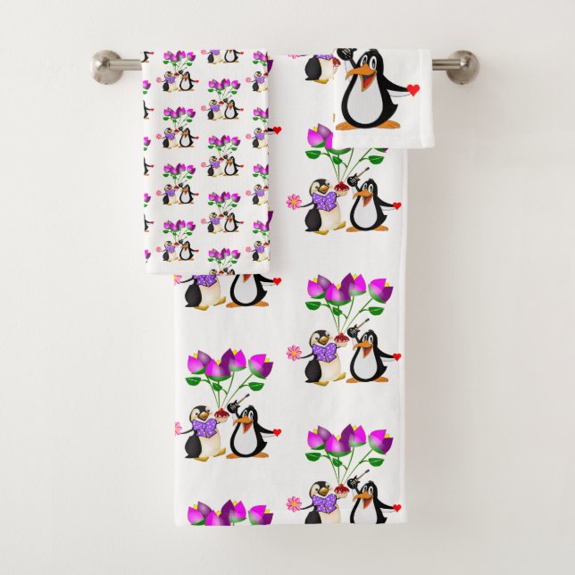 Bathroom Towel Sets Valentine's Day Penguin Hearts (Insitu)