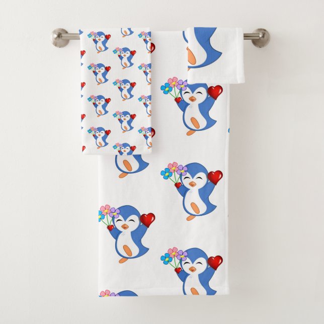 Bathroom Towel Sets Valentine's Day Penguin Hearts (Insitu)