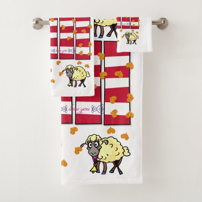 Bathroom Towel Sets Valentine's Day Sheep Hearts (Insitu)