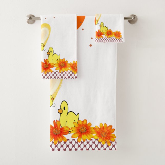 Bathroom Towel Sets Yellow Ducks Orange Hearts  (Insitu)