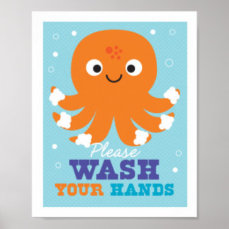Bathroom Wash Your Hands Octopus Art Poster