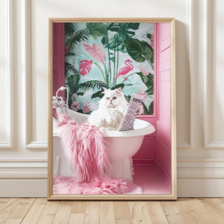 Bathroom White Cat in Bathtub Print, Funny Poster, Poster