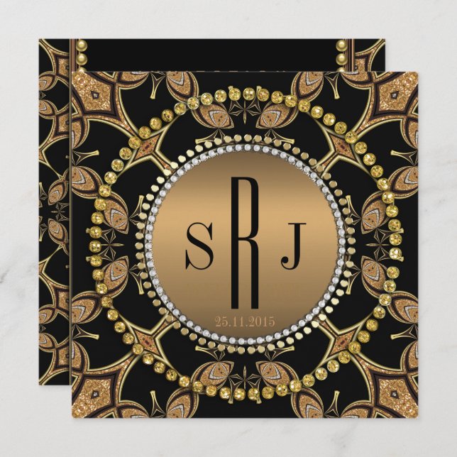Batik Art Deco Black Gold Monogram Party Invite (Front/Back)