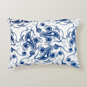 Batik Blue and White Illustrated Floral Pattern Decorative Cushion