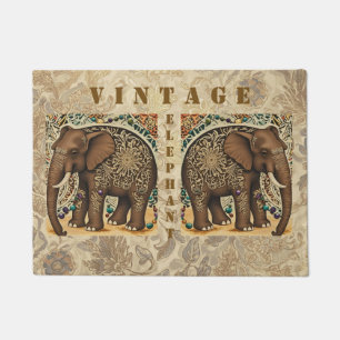 Batik,Elephant,Antique ,Vintage Style, Brown Doormat