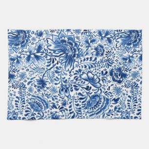 Batik Floral Design Blue and White Tea Towel