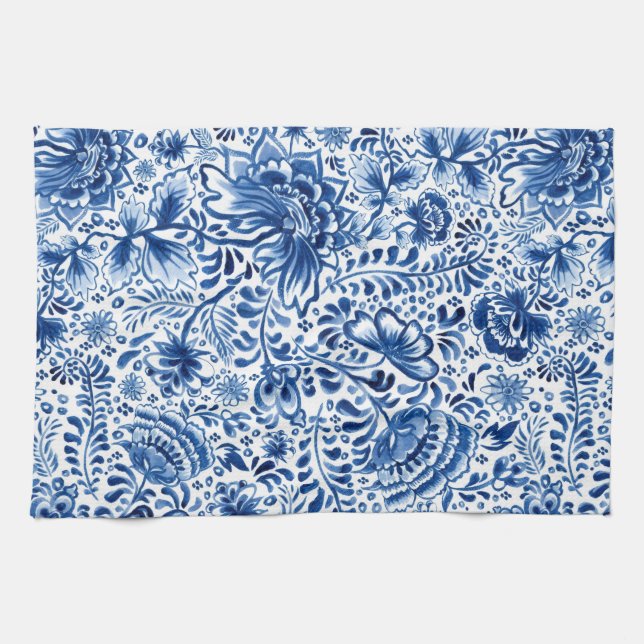 Batik Floral Design Blue and White  Tea Towel (Horizontal)