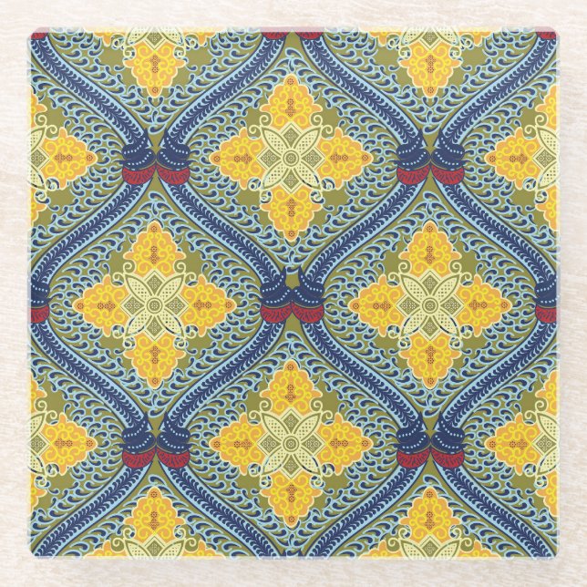 Batik Indonesian Wax-Resist Dyeing Technique Glass Coaster (Front)