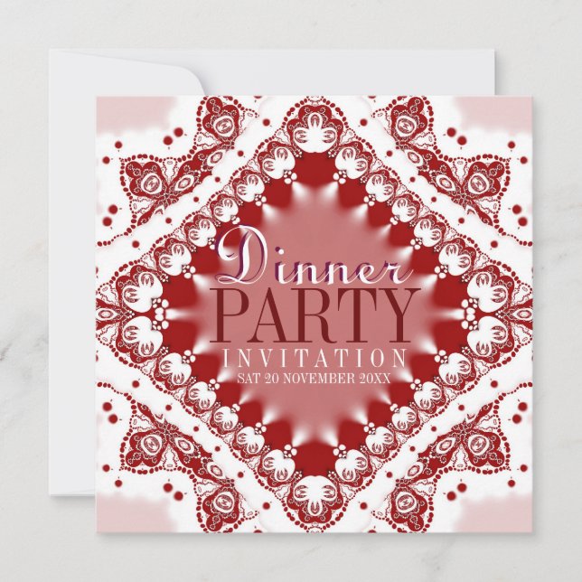 Batik Lace Red White Dinner Party Invitations (Front)