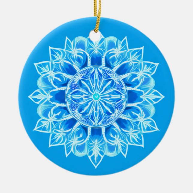 Batik Mandala Flower in Turquoise Ceramic Tree Decoration (Front)
