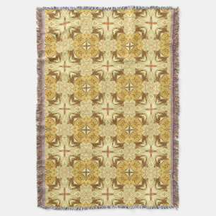 Batik Mandala Pattern Mustard Gold and Brown   Throw Blanket